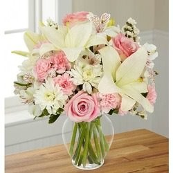 VASE OF LILLY AND PINK ROSES FLOWERS
