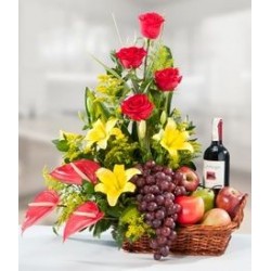 GIFT FLOWERS WITH FRUIT BasKET AND WINE