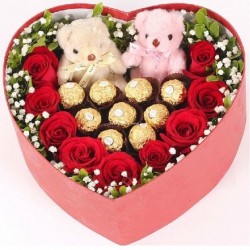VALENTINE GIFT FLOWER IN BOX  WITH TEDDY BEAR AND CHOCOLATE