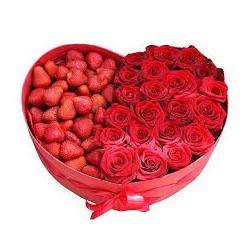 roses in box with fruits