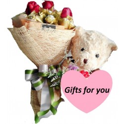 roses with chocolate and teddy bear size 60 cm