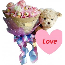 flower with chocolate and teddy bear size 90 cm