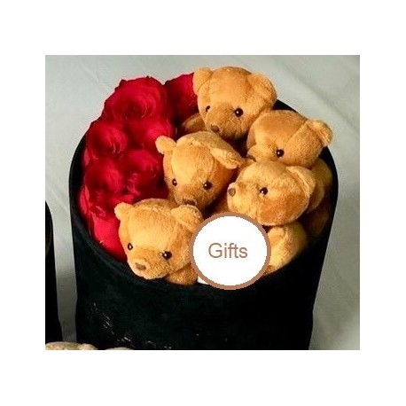 6 roses in box with mini bear