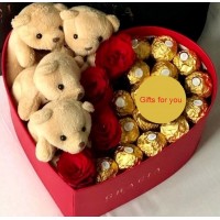 4 roses in box with choclate and mini bear ib box