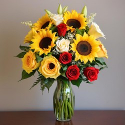Sunlit Elegance: A Bouquet of Sunflowers, Roses, and Lilies